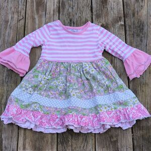 Three Sisters 18 Months Bell Sleeve Ruffle Skirt Dress Floral Pink White Stripes
